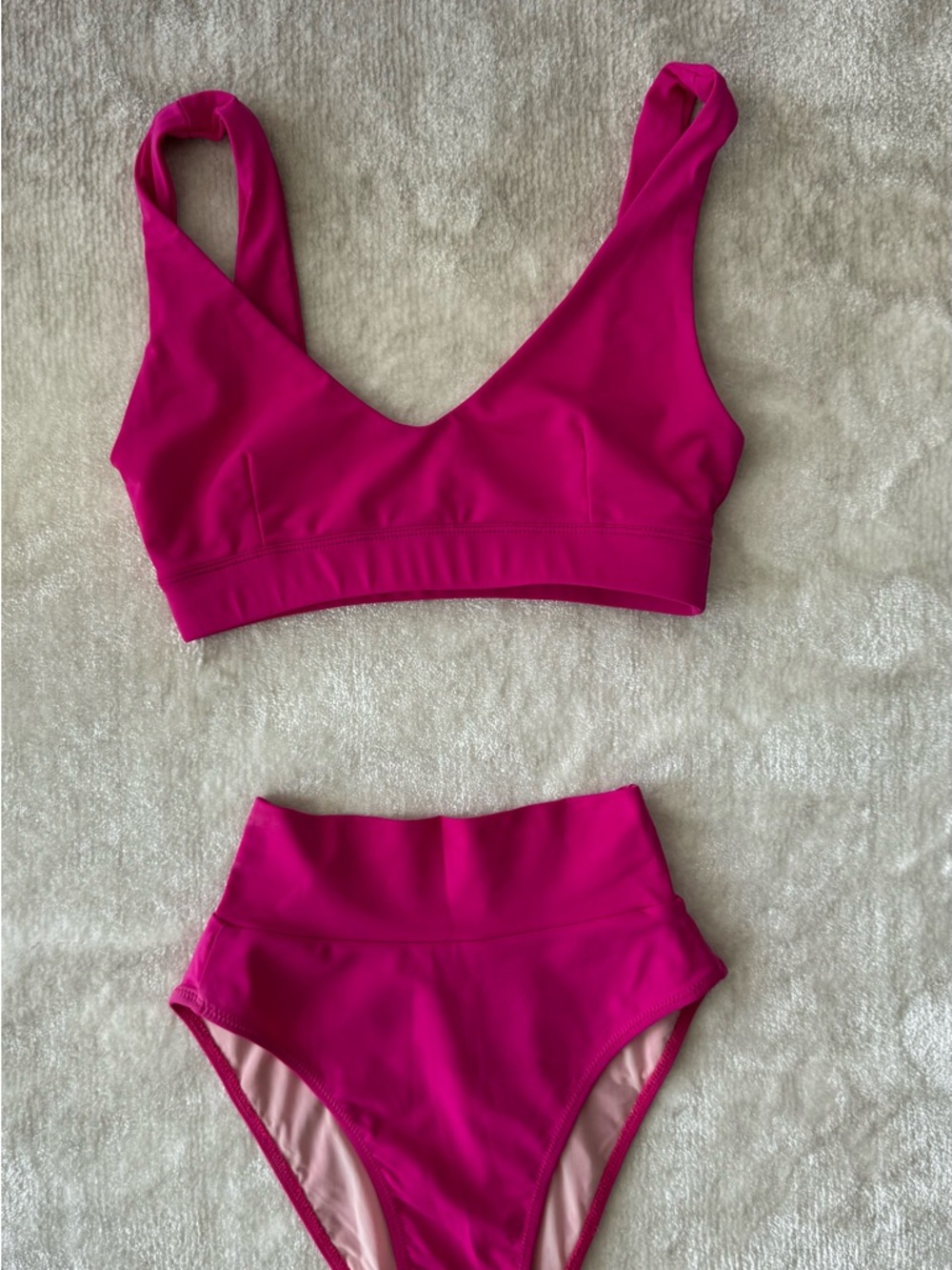 High-Waist V-Neck Bikini Set in Hot Pink